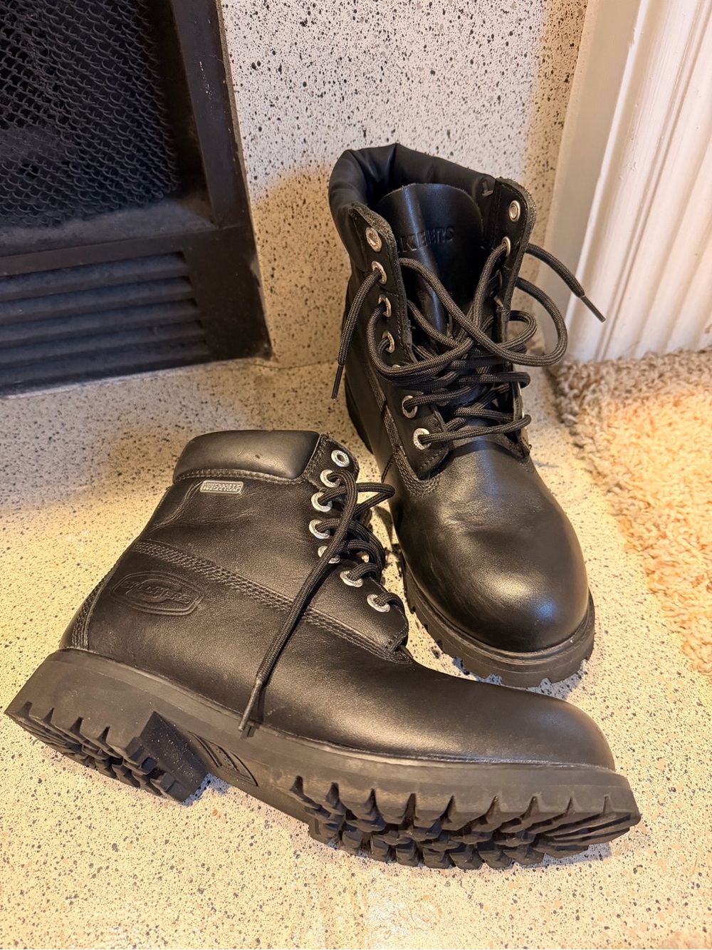 Skechers Black Leather Lace-Up Work Boots